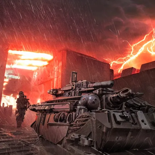 Image similar to semi futuristic trench warfare, war, explosions, heavy machine gun fire, flame and fire, unreal engine, octane render, cinematic, epic, rainy stormy night, chaotic, 8k, ultra detailed, Artstation, Trending on Artstation, Artstation HQ, Artstation HD, deviant art, Pinterest, digital art, reflections,