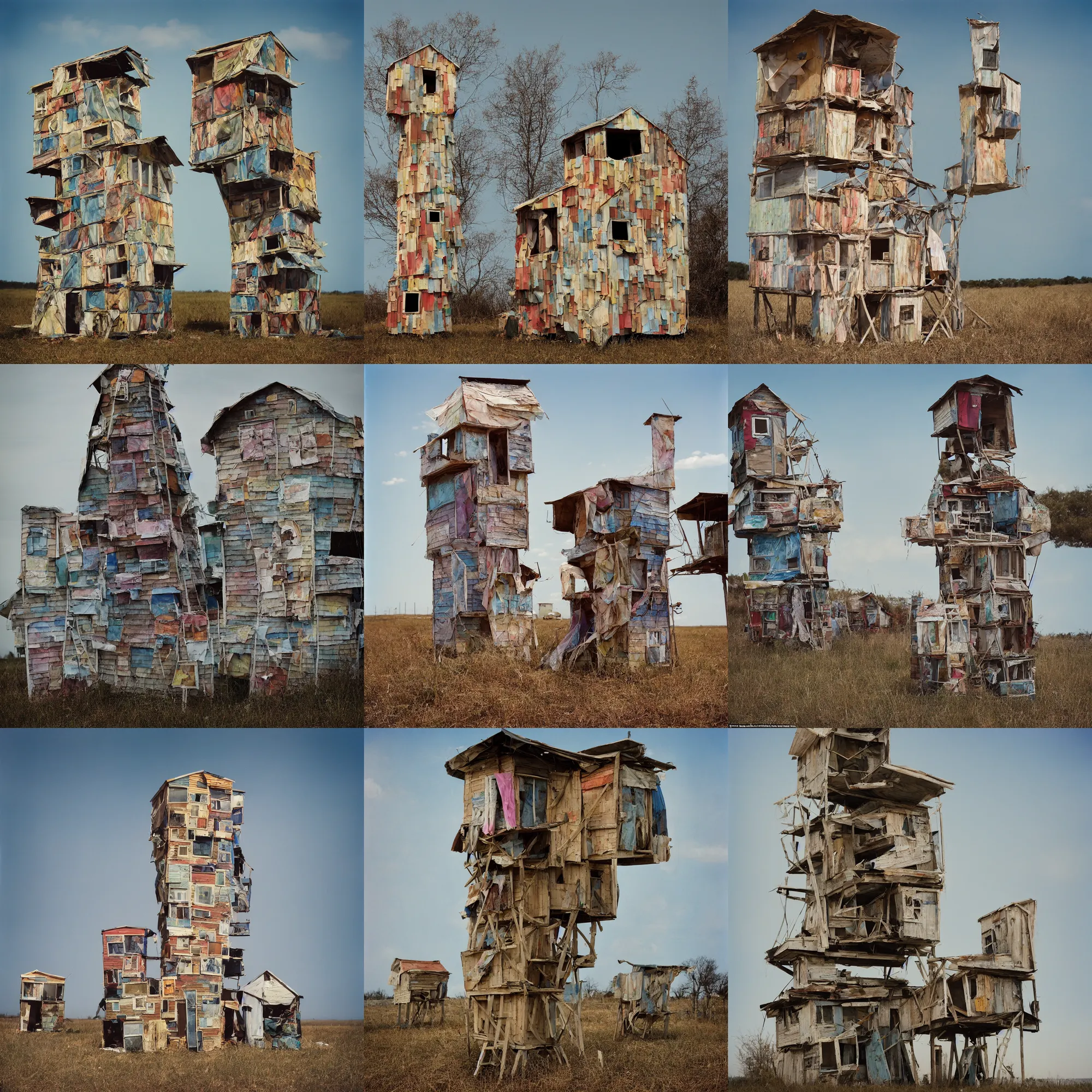 Prompt: a tower made up of makeshift squatter shacks with bleached colours, mamiya, 8 5 mm, f 1. 7, fully frontal view, uniform plain sky, light leaks, digital glitches, photographed by julie blackmon