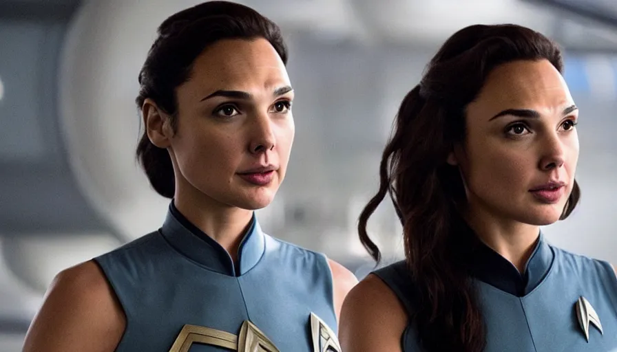 Image similar to Gal Gadot, in full starfleet uniform, is the captain of the starship Enterprise in the new Star Trek movie