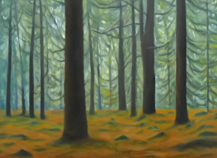 Image similar to forest hiding pagan ritual lights, oil on canvas