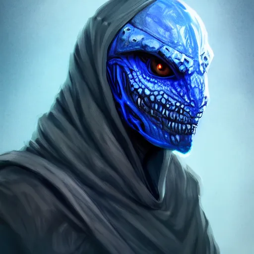 Prompt: air genasi blue lizardfolk made of wind with black hood, black robes, he wearing a necromancer hood obscuring his face, head and shoulder portrait, dnd commission, rpg artwork,4K, 8K, very detailed, trending on artstation