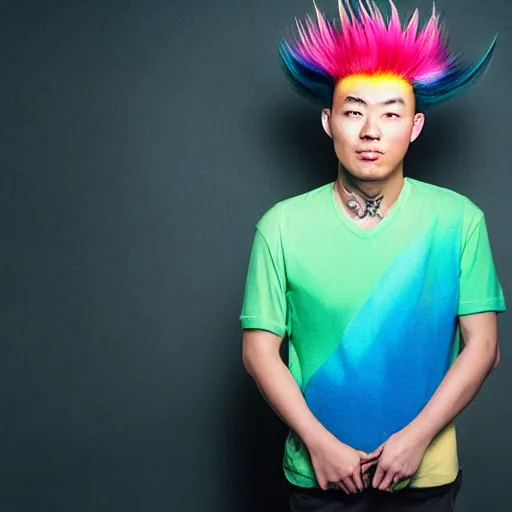 Image similar to chinese man with rainbow mohawk, portrait photo, light coming from the left side