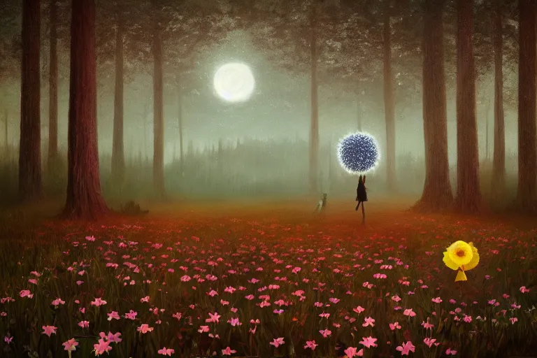 Prompt: giant daisy flower as face, girl walking in forest, surreal photography, dark night, stars, moon light, impressionist painting, clouds, digital painting, artstation, simon stalenhag