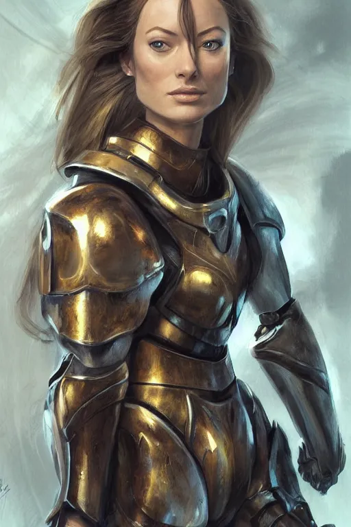 Image similar to a professional painting of a young Olivia Wilde, clothes in military armor, olive skin, long dark hair, beautiful bone structure, symmetrical facial features, intricate, elegant, digital painting, concept art, smooth, sharp focus, illustration, from StarCraft by Ruan Jia and Mandy Jurgens and Artgerm and William-Adolphe Bouguerea