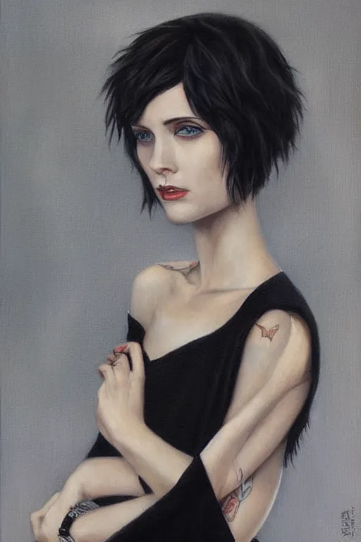 Prompt: Beautiful oil painting of Alice Cullen by Chie Yoshii, portrait, pale skin, short black pixie cut hair, symmetrical face, black dress, dramatic lighting, sharp focus, smooth, Ashley Greene