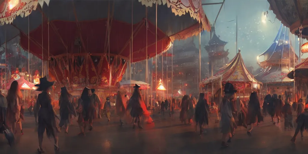 Image similar to close - up of student witches exploring and patrolling around a small carnival amusement, food stalls, big top circus tent, roaming entertainers, flashing lights, highly detailed, magical, japan mountains, digital painting, concept art, matte, art by ruan jia and wlop and greg rutkowski and makoto shinkai, masterpiece