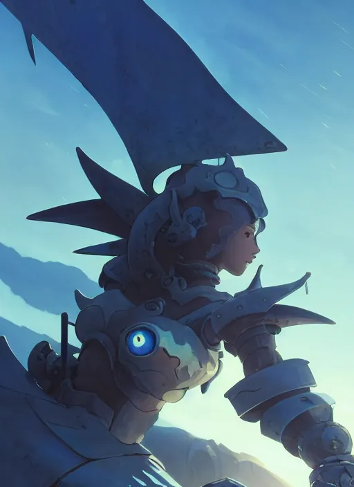 Image similar to close up of a mech armor witch holding a trident, extremely beautiful and aesthetic and cute and detailed face and body, back shark fin, big wave horizon, occlusion shadow, dynamic pose, slightly smiling, blue sky, big blade whale and black giants minotaurus, epic scene, fantasy illustrations, by makoto shinkai and peter mohrbacher and ferdinand knab