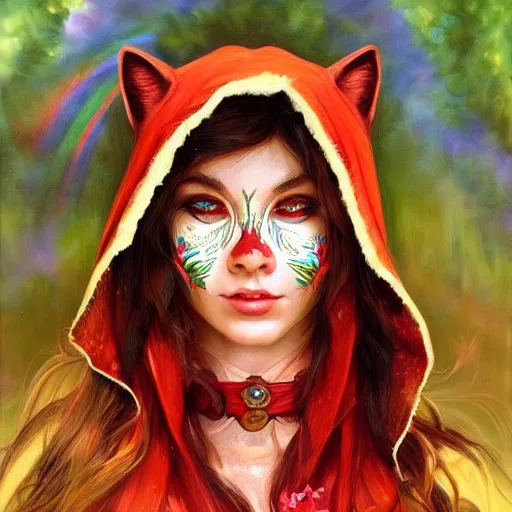 Image similar to Beautiful face Portrait of Little Red Riding Hood with a rainbow panther, face painting, dramatic lighting, intricate, wild, highly detailed, digital painting, artstation, concept art, smooth, sharp focus, illustration, art by artgerm and greg rutkowski and alphonse mucha, footage from space camera