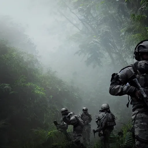 Image similar to Mercenary Special Forces soldiers in light grey uniforms with black armored vest and helmet escorting a VIP in the jungles of Tanoa, combat photography by Feng Zhu, highly detailed, excellent composition, cinematic concept art, dramatic lighting, trending on ArtStation