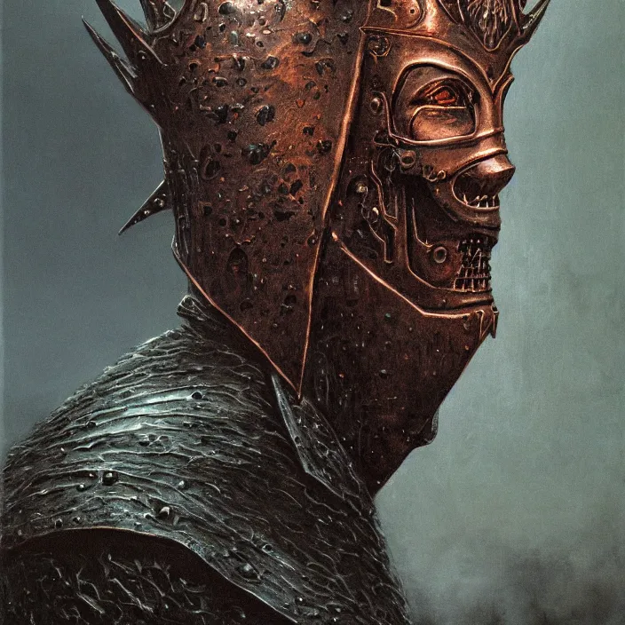Prompt: portrait of the witch king of angmar, in copper armor, front profile head and chest only, by beksinski, 4 k, deviantart, trending on artstation