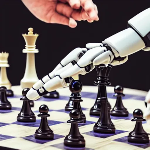 Image similar to photo of a robot hand grabbing and pinching a humans hand over a championship chess board