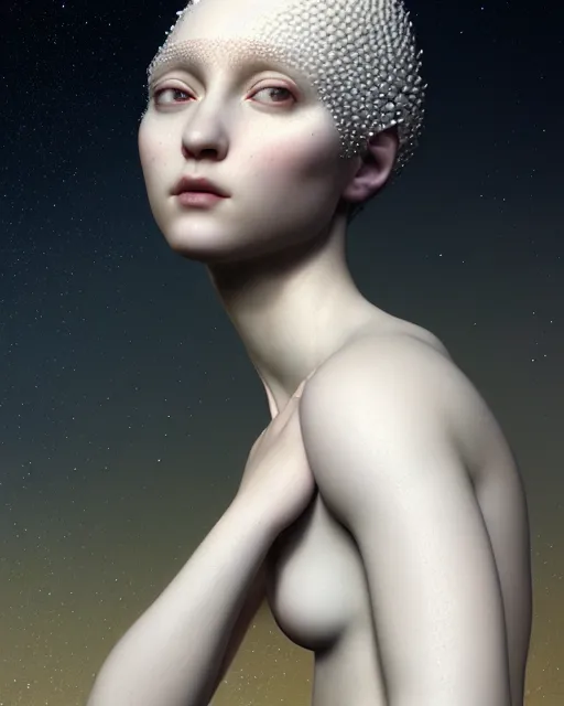 Image similar to dreamy, subsurface scattering, white, young beautiful goddess in cosmos, octane render, dino valls, mark ryden, joe fenton, michal karcz, highly detailed, rim light, art, cinematic lighting, very coherent, hyper realism, 8 k