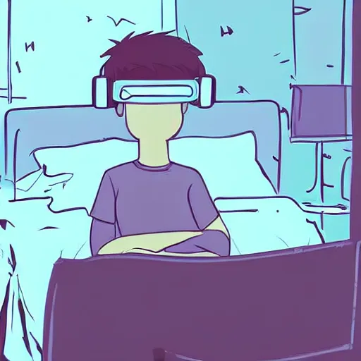 Prompt: A teenage caucasian boy wearing a VR-headset sitting on his messy bed. The messy tiny room is dimly lit by a small night light. dim lighting, award-winning, anime, manga style, cyberpunk