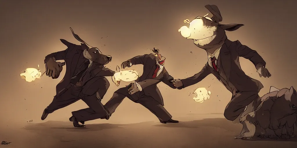 Image similar to two rabbits in suits are fighting, cartoonish, zenith view, warm color palette, night time, dramatic lighting, noir film, fine details, high contrast, blacksad, kim jung gi, greg rutkowski, trending on artstation, 8 k, ultra wide angle