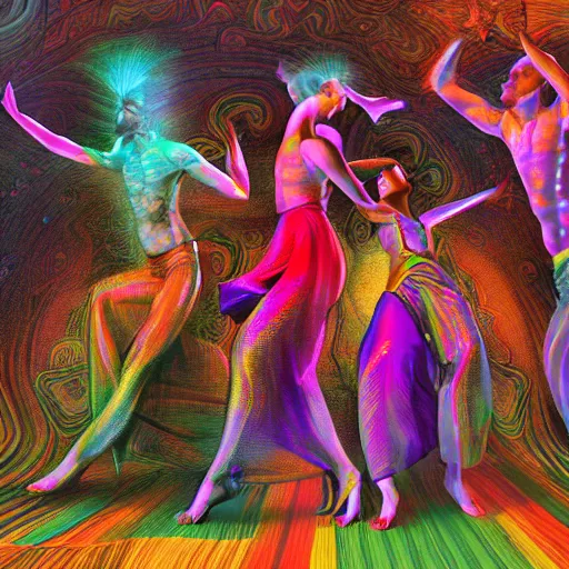 Prompt: tantric trio dancing in a trip, two men and a girl, psychodelic art, trending on artstation, artstationHD