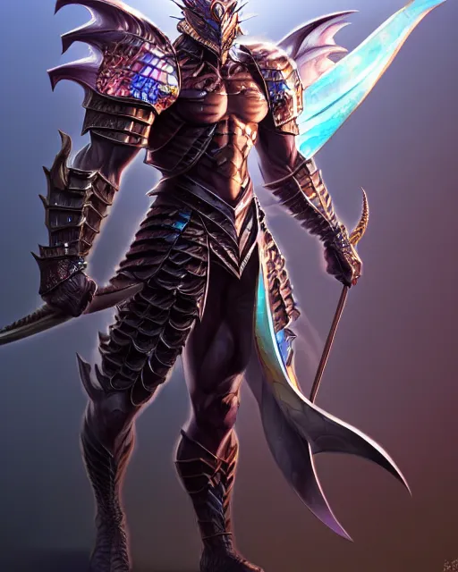 Image similar to Full body character concept art of an anime draconian warrior knight, iridescent scales, cool face, muscular, by Stanley Artgerm Lau, WLOP, Rossdraws, James Jean, Andrei Riabovitchev, Marc Simonetti, and Sakimichan, tranding on artstation