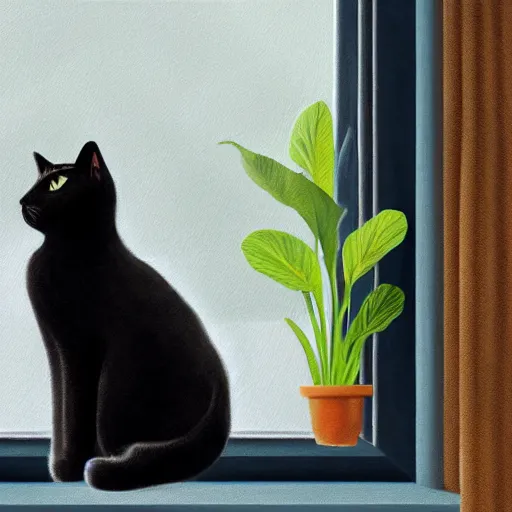 Image similar to peaceful dreamy painting of a content black cat sitting by a window, sunshine coming through the window, small plants on the window sill, 4k resolution, highly detailed, ultra realism