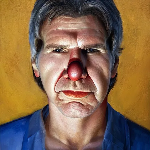 Image similar to stunning serene portrait of a young Harrison Ford wearing a clown suit by Mark Arian, oil on canvas, masterpiece, realism, piercing gaze, autumn bokeh