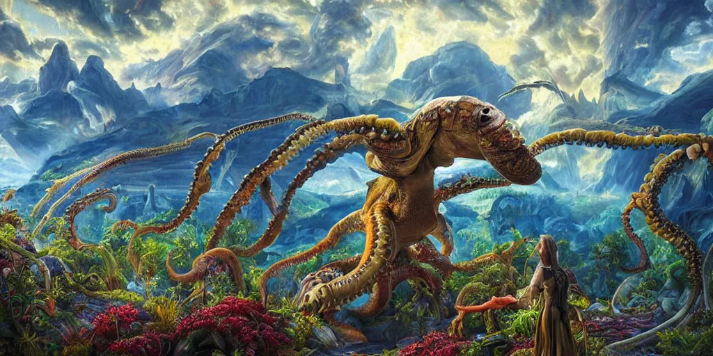 Image similar to fantasy oil painting, great leviathan, cybernetic turtle cephalopod terrapin reptilian pachyderm squid, bella hadid, hybrid, milla jovovich, anubis, epic natural light, lush plants flowers, spectacular mountains, bright clouds, luminous sky, outer worlds, golden hour, michael cheval, edward hopper, michael whelan, vray, hd