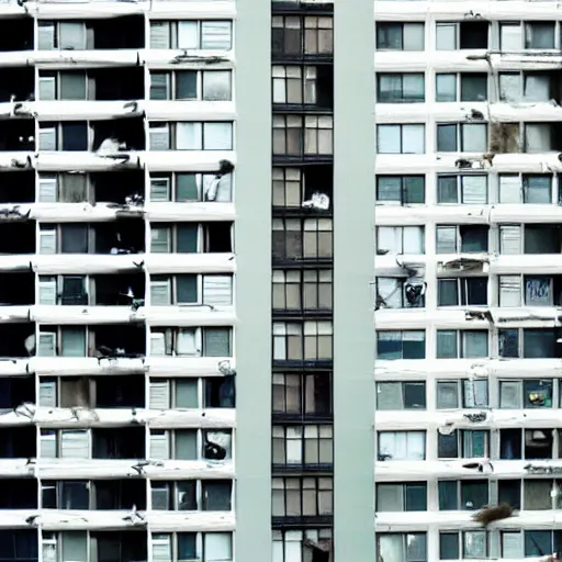 Image similar to a woman's hair grows from all the windows and doors of large apartment building, the hair reaches the ground, rendered