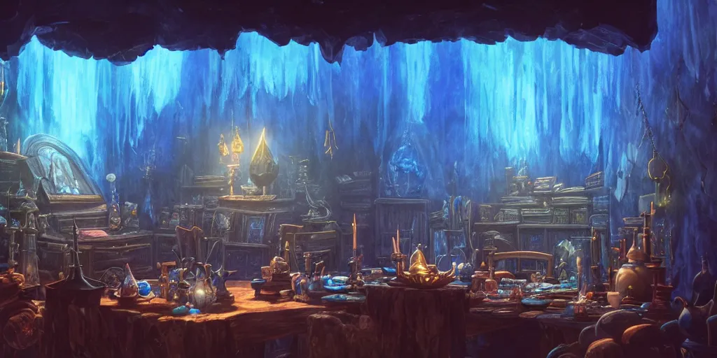 Image similar to interior of a dark wizards sanctum, blue light, cluttered with magical objects, spell books, potions, dramatic lighting, epic composition, wide angle, by miyazaki, nausicaa ghibli, breath of the wild