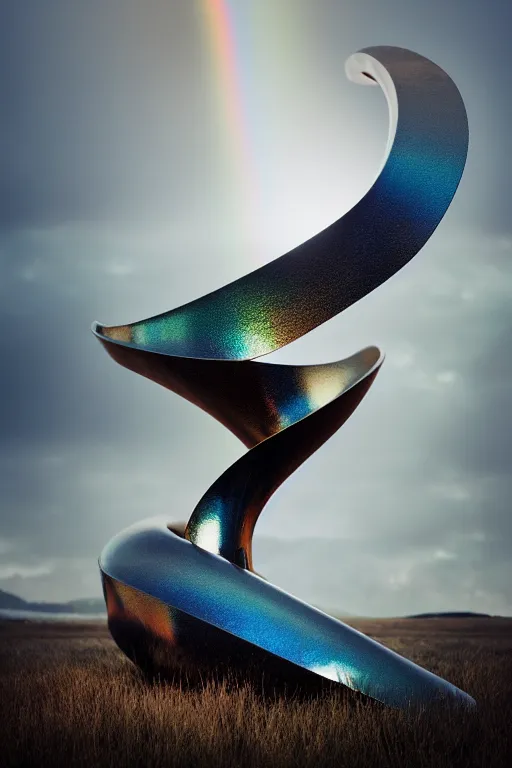 Image similar to metal curved circular sculpture with gestural forms and human parts mixed together into a monumental artwork, lifting up towards heaven, rainbow crystal reflections, style of jack storms, anthony howe, octane render, 4 k