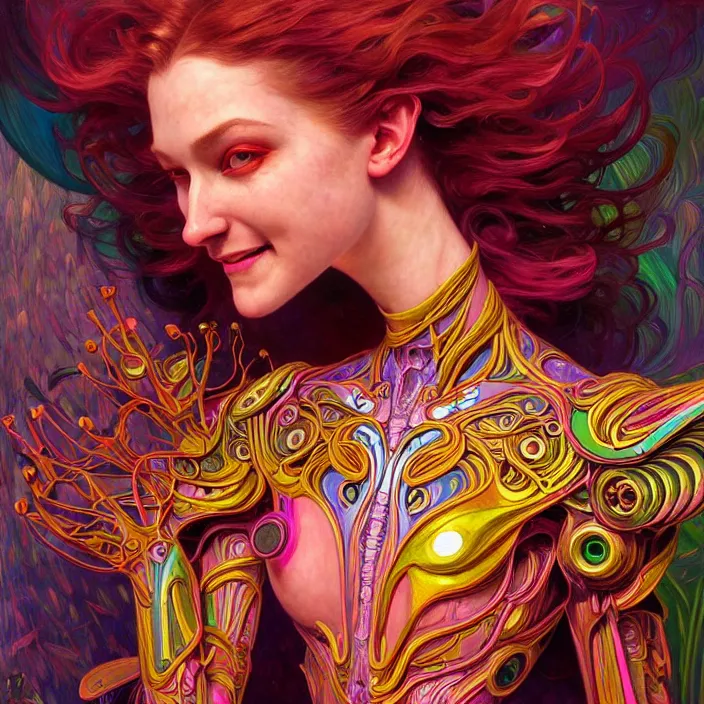 Prompt: bright psychedelic portrait of organic cyborg, wings, smiling, diffuse lighting, fantasy, intricate, elegant, highly detailed, lifelike, photorealistic, digital painting, artstation, illustration, concept art, smooth, sharp focus, art by John Collier and Albert Aublet and Krenz Cushart and Artem Demura and Alphonse Mucha