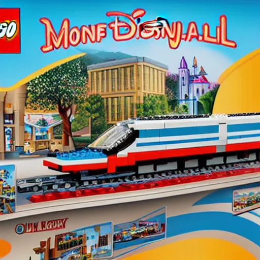 Image similar to Box art for a LEGO set of the Disneyland Monorail