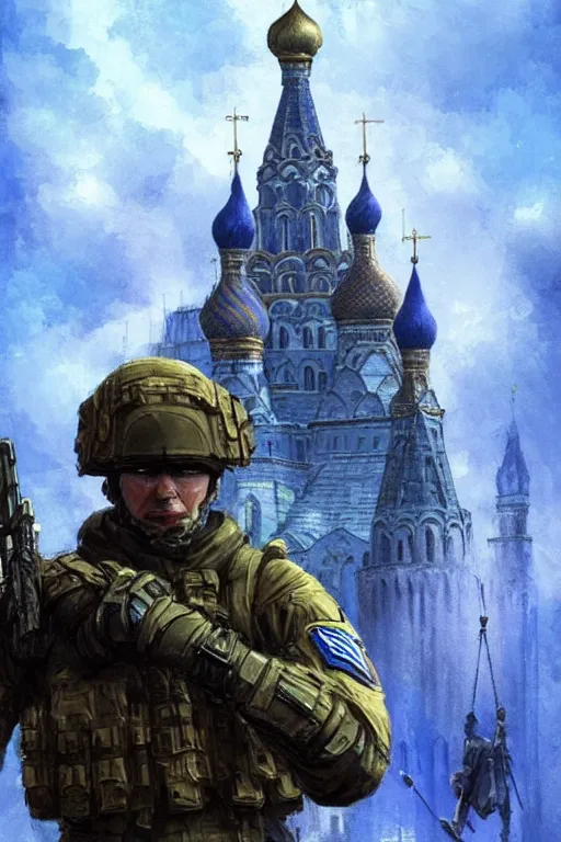 Image similar to special forces soldier raising ukrainian blue and yellow flag, kremlin st. basil cathedral in the background, masculine figure, d & d, fantasy, bright atmosphere, volumetric lights, intricate, elegant, extremely detailed, digital painting, artstation, concept art, matte, smooth, sharp focus, hyper realistic, illustration, art by artgerm and greg rutkowski and alphonse mucha