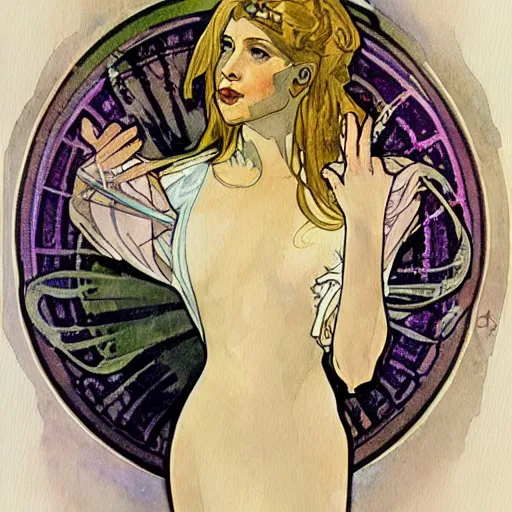 Image similar to watercolor and ink portrait of buffy summers, art nouveau, alphonse mucha,