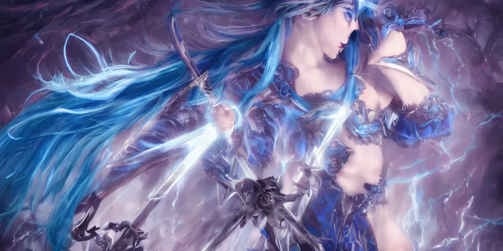 Image similar to the beautiful girl's blue hair dances with electricity, her sword a blade made of light. she gazed upon the horde of monster in front of her fearlessly, with the elegance of a true knight, digital art