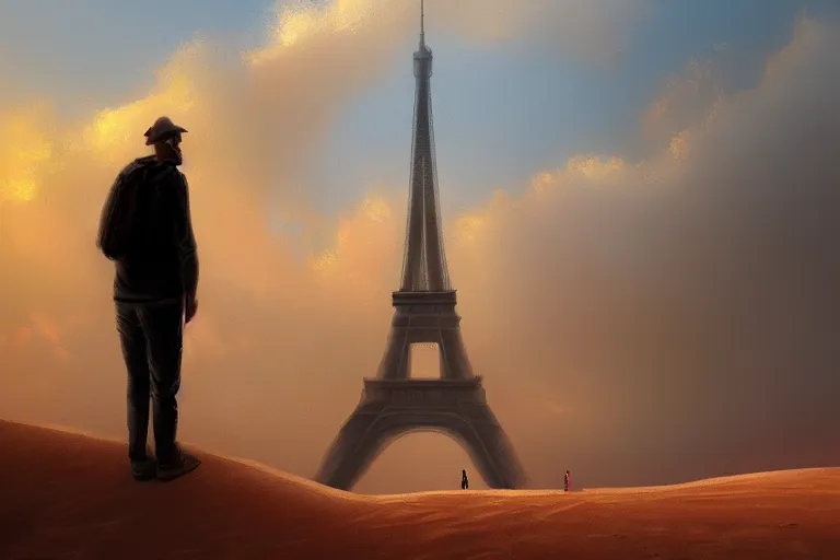 Image similar to a man in the desert looking at the summit of the Eiffel Tower emerging from the sand by Jonas De Ro, digital painting, atmospheric, sand, stormy horizon