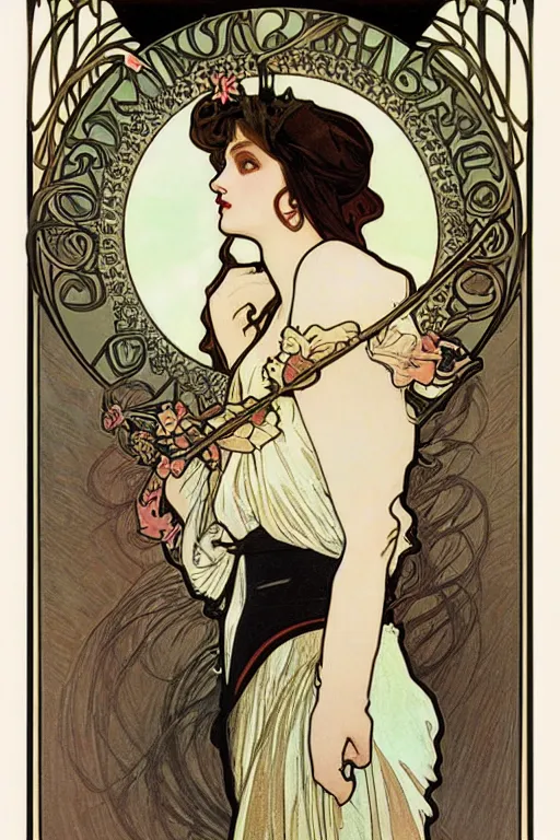 Prompt: a cute goth girl by Alphonse Mucha, art nouveau, card, 8k
