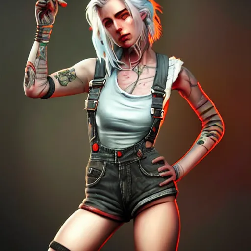 Image similar to full body pose, grungy ciri, torn overalls, short shorts, combat boots, fishnets, beautiful, highly detailed face, true anatomy!, extremely detailed!, digital painting, unreal engine 5, art by tom bagshaw