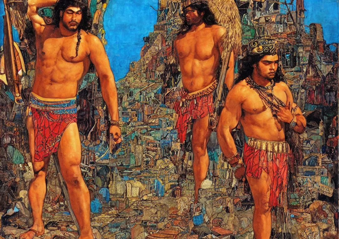 Prompt: a polynesian greek god searching through the streets of an abandoned city, sparse detail, complementary color scheme, by george luks, mati klarwein and moebius