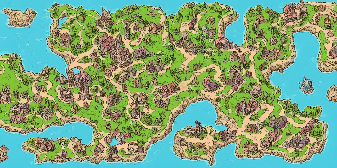 Image similar to a rpg map with random colored regions detailed, flat vivid colors and strokes digital painting