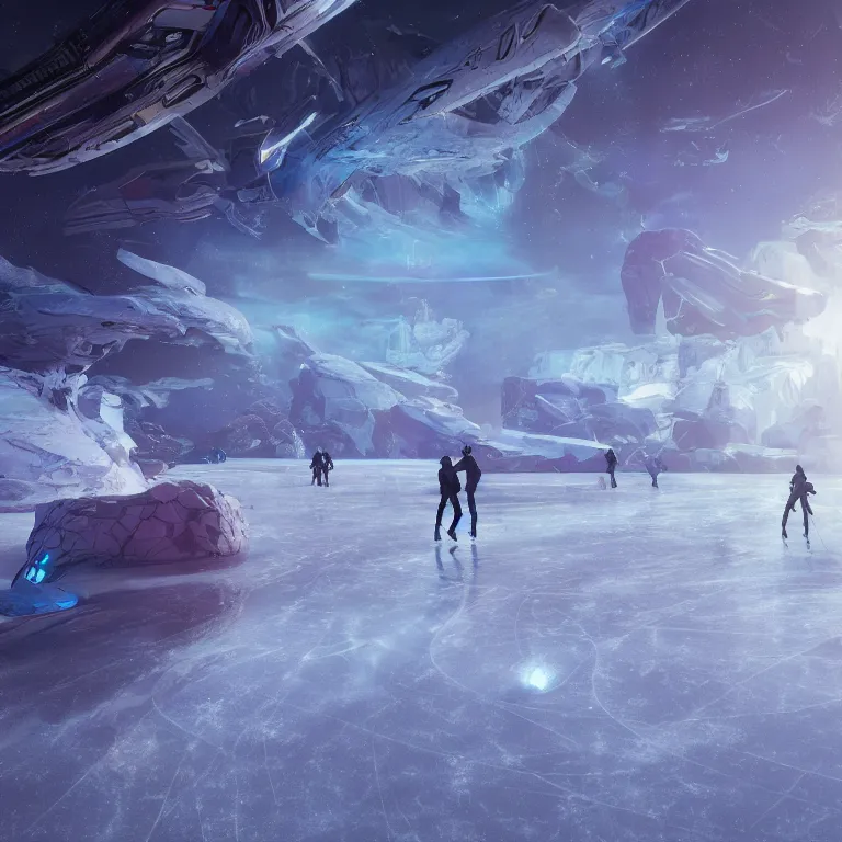 Image similar to ice skating on a distant world by Tooth Wu and wlop and beeple and dan mumford and greg rutkowski. halo. octane render, cinematic, hyper realism, octane render, 8k, depth of field, bokeh. iridescent accents.