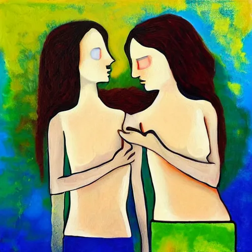 Prompt: lesbian couple, artistic, abstract, painting by magdalena weber