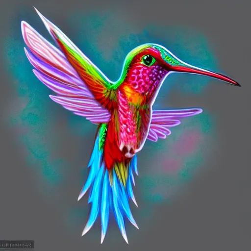 Image similar to frantic hummingbird phoenix zipping around, wanting to explore and investigate everything. it\'s curiosity is unbounded and unsatiable, digital art, trending on artstation, cartoon, stylized, rainbow feathers