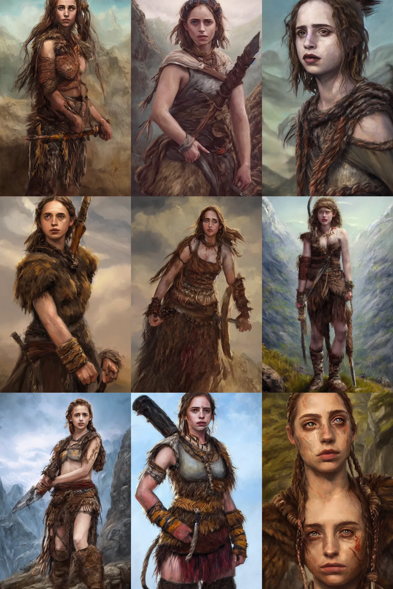 Prompt: a full body high detail fantasy portrait oil painting illustration of maya hawke as a rugged stoic barbarian woman by justin sweet with face and body clearly visible, in a scenic background, beautiful eyes, realistic proportions, d & d, rpg, forgotten realms, artstation trending, high quality, sombre mood, artstation trending, muted colours, entire person visible!, natural light,