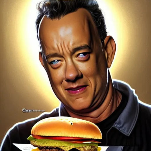 Image similar to portrait of Tom Hanks eating hamburgers, extra onions and ketchup, luscious patty with sesame seeds, ethereal, holy sacred light rays, handsome, D&D, fantasy, intricate, elegant, highly detailed, digital painting, artstation, concept art, matte, sharp focus, illustration, art by Artgerm and Greg Rutkowski and Alphonse Mucha