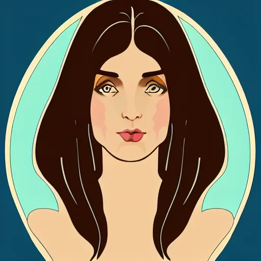 Prompt: curvy brunette woman with straight hair in a short bob, romanian heritage, brown eyes, no bangs, digital art, cartoon, 8k, illustration, art nouveau, Alphonse Mucha, trending on artstation, medium shot, head shot