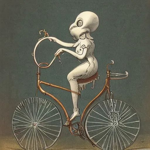 Image similar to an octopus riding a victorian bicycle
