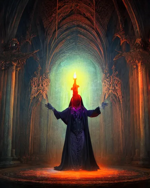Prompt: matte painting of mage summoning a demon in the middle of dark room, vibrant colors, gothic, horror, high production value, intricate details, high resolution, hdr, high definition, masterpiece, realistic, ultrarealistic, highly detailed, hd, sharp focus, non blurry, sharp, smooth