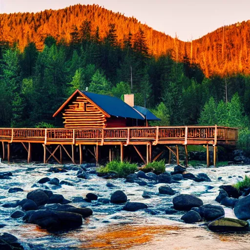 Image similar to DSLR still of a beautiful mountainside river with a pier and a log cabin at sunrise, 4k