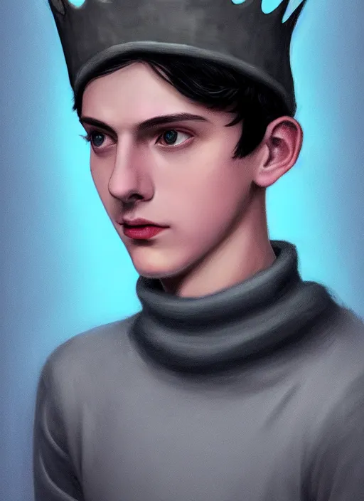 Image similar to portrait of teenage jughead jones wearing a light grey crown, crown, blue turtleneck, 1 9 5 0 s, closed eyes, photorealistic, black hair, glowing lighting, intricate, elegant, glowing lights, highly detailed, digital painting, artstation, concept art, smooth, sharp focus, illustration, art by wlop, mars ravelo and greg rutkowski