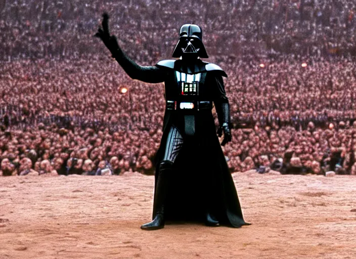 Image similar to film still of Darth Vader as Maximus in the arena with his arms up in Gladiator 2000, 4k