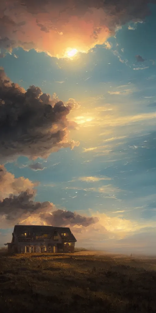 Prompt: a house in the sky clouds, sunset, greg rutkowski, zabrocki, karlkka, jayison devadas, trending on artstation, 8 k, ultra wide angle, zenith view, pincushion lens effect