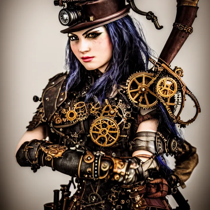 Image similar to photograph of a beautiful steampunk warrior. extremely detailed. dslr. 5 0 mm.