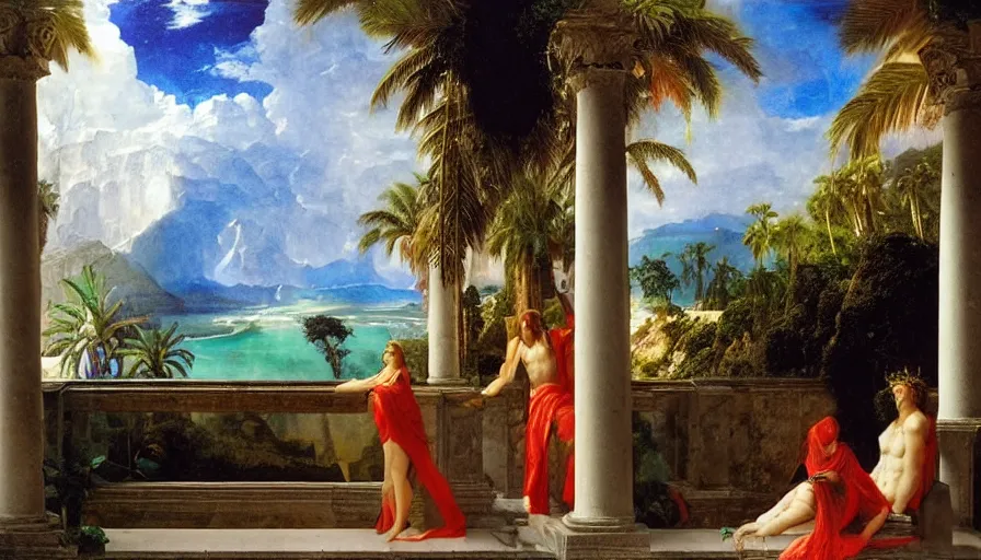 Prompt: Inside the Palace of the occult, mediterranean balustrade and columns, refracted sparkles, thunderstorm, greek pool, beach and Tropical vegetation on the background major arcana sky and occult symbols, by paul delaroche, hyperrealistic 4k uhd, award-winning, very detailed paradise